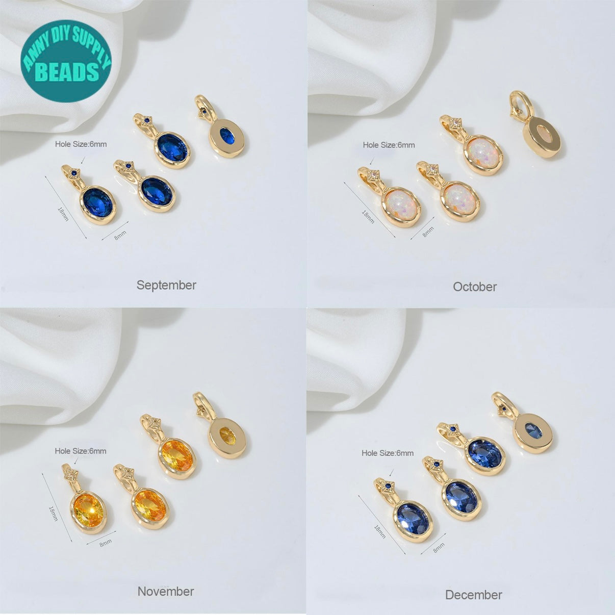 14K Gold Plated Birthstone charm,Oval Pendant,Colorful CZ Star Charm