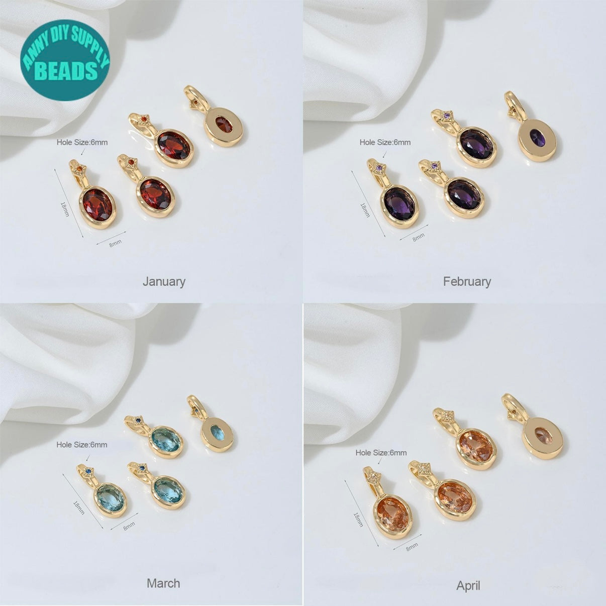 14K Gold Plated Birthstone charm,Oval Pendant,Colorful CZ Star Charm