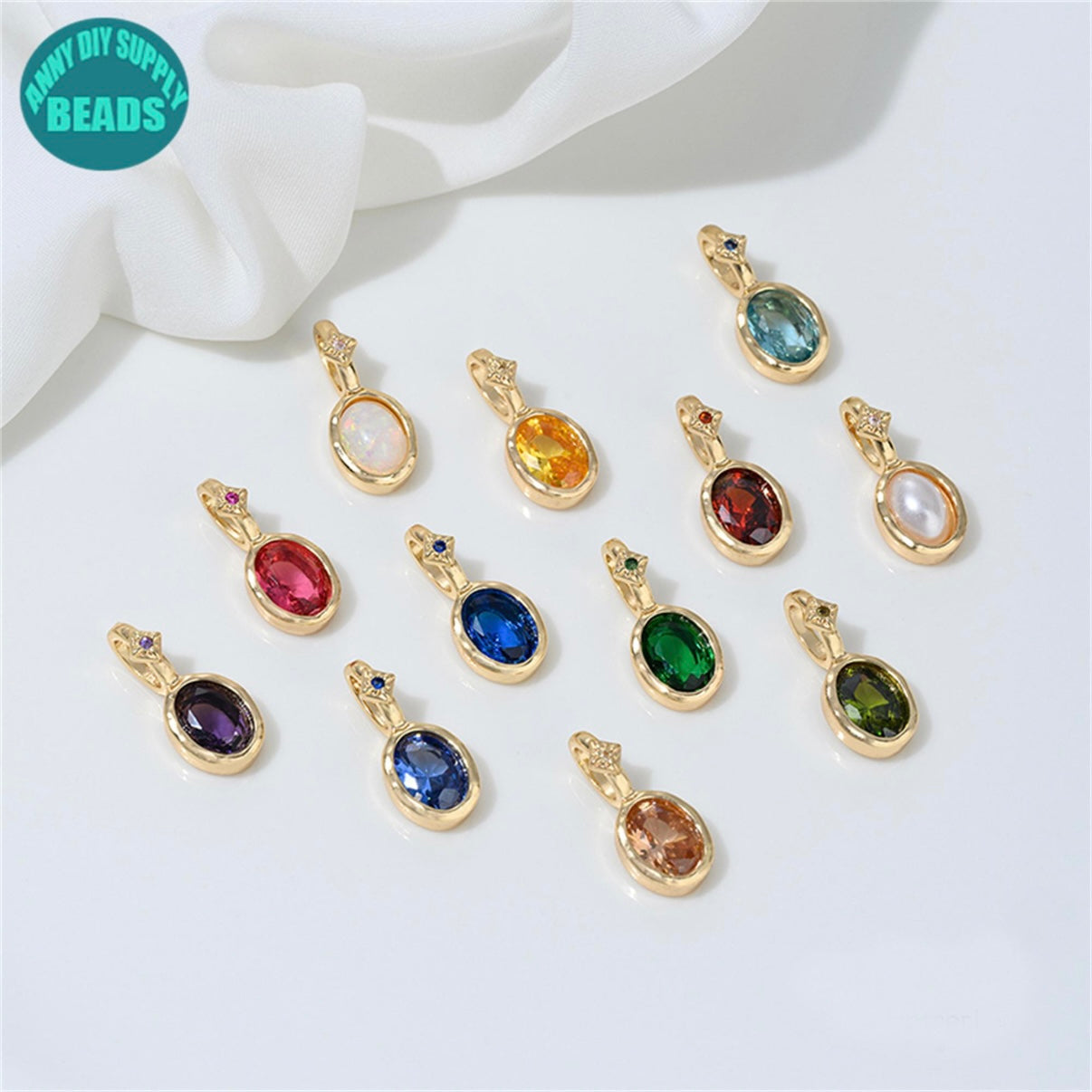 14K Gold Plated Birthstone charm,Oval Pendant,Colorful CZ Star Charm