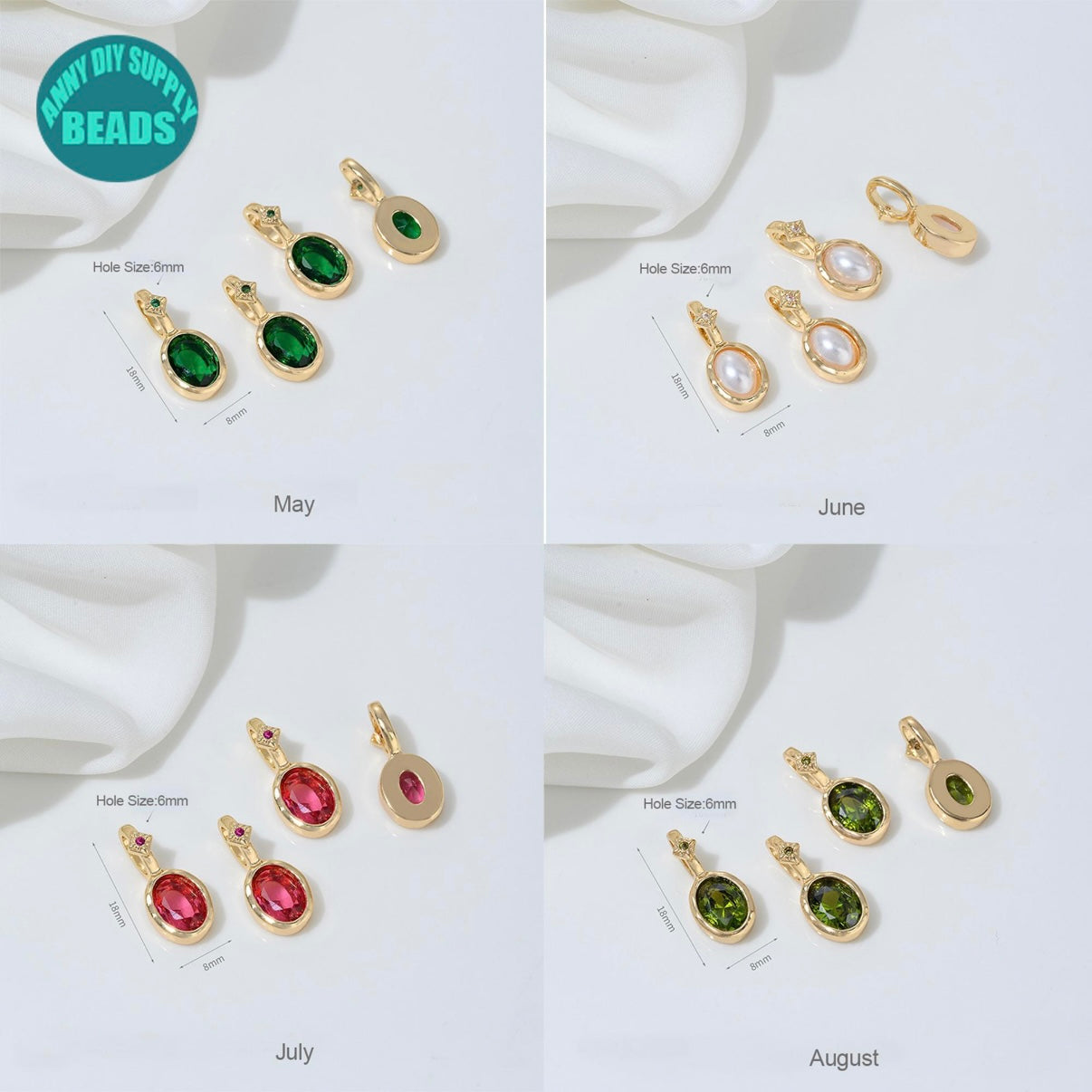 14K Gold Plated Birthstone charm,Oval Pendant,Colorful CZ Star Charm
