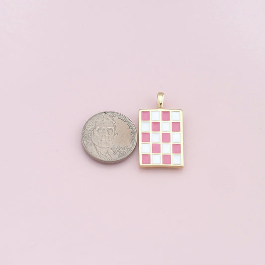18K Gold Filled Checkered Pendant,Enamel Checker Charm