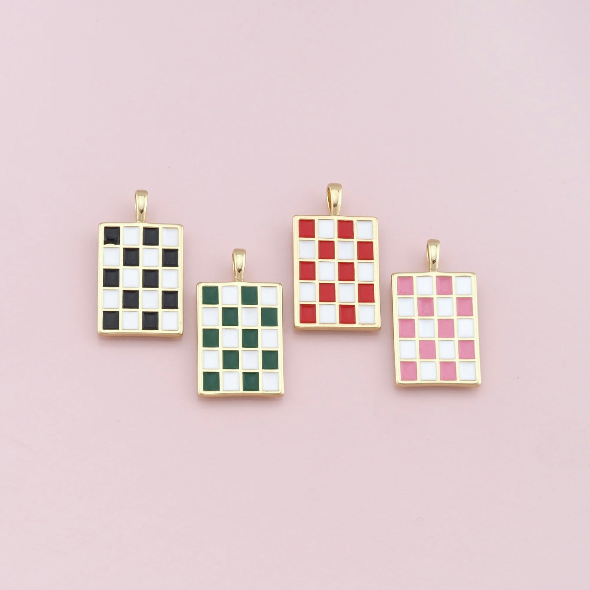 18K Gold Filled Checkered Pendant,Enamel Checker Charm