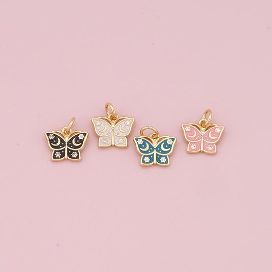 18K Gold Filled Enamel Butterfly Pendant,CZ Micro Pave Butterfly Charm