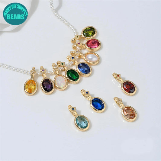 14K Gold Plated Birthstone charm,Oval Pendant,Colorful CZ Star Charm
